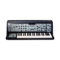 Front view of a Roland synthesizer keyboard with various knobs, faders, switches, and a headphone jack.