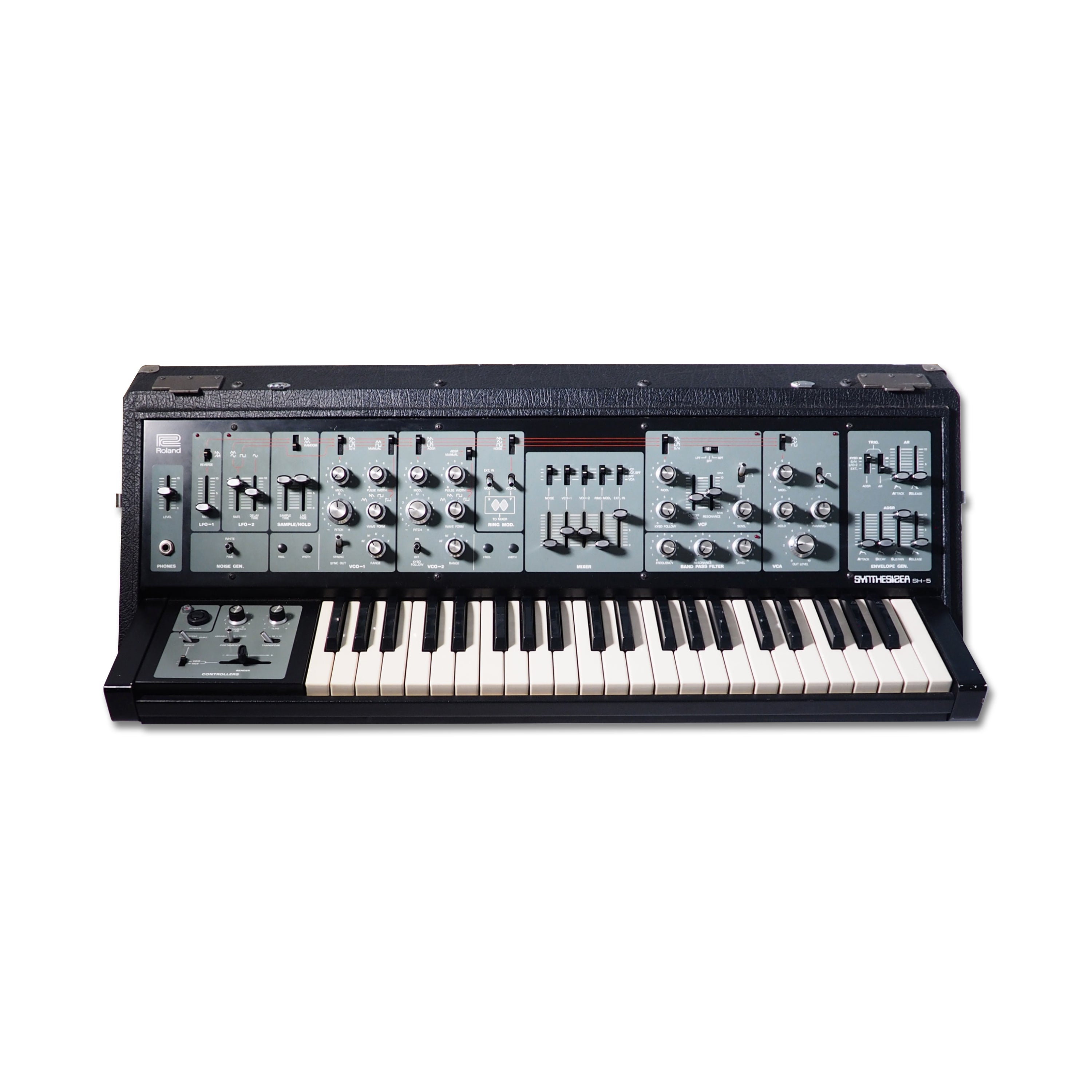 Front view of a Roland synthesizer keyboard with various knobs, faders, switches, and a headphone jack.