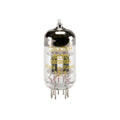 Glass vacuum tube with metal pins and gold text labeling including '12AX7EH electro harmonix Made in Russia 1211'.