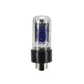 Glass vacuum tube with multiple metal pins and Electro-Harmonix branding with model 6V6EH printed in blue