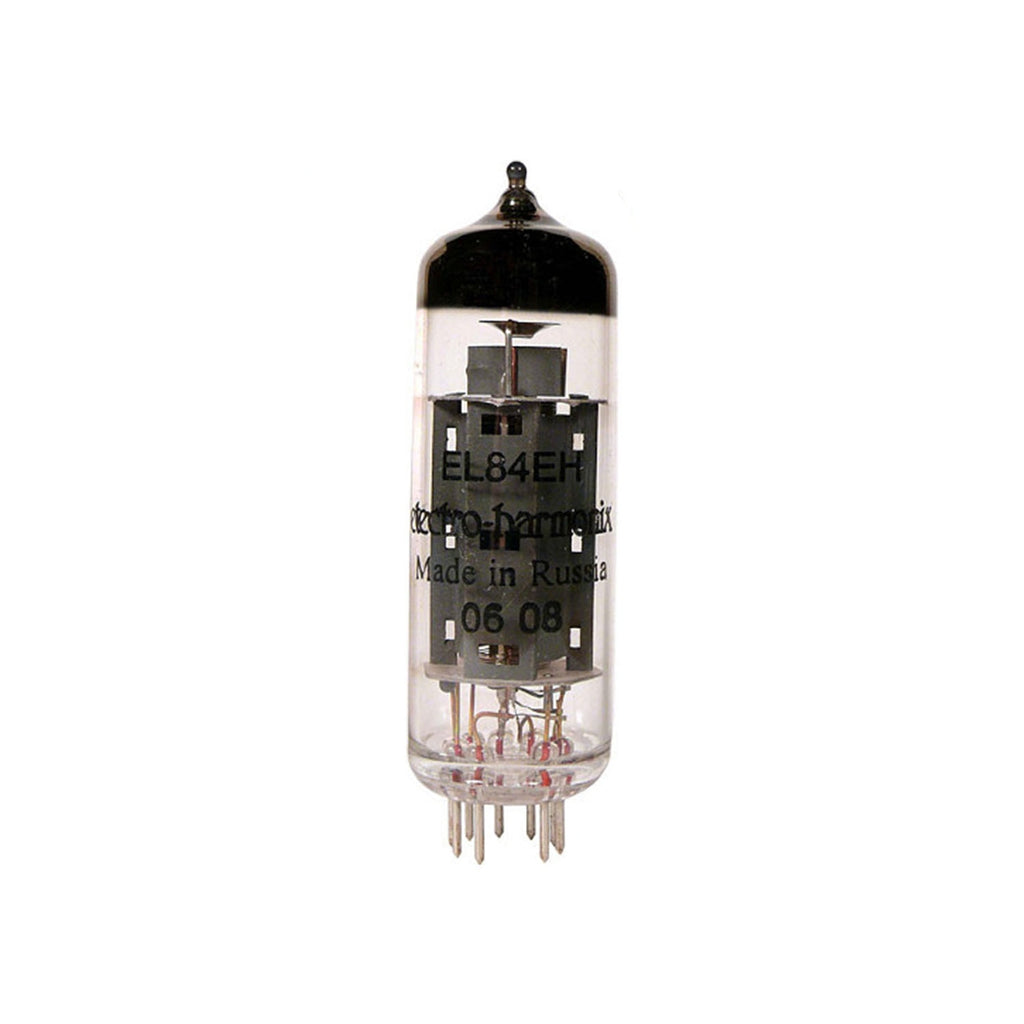 A single glass vacuum tube with metal pins and black internal components, labeled EL84EH and Electro-Harmonix.