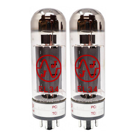 Two clear glass vacuum tubes with metal bases and red logos side by side.