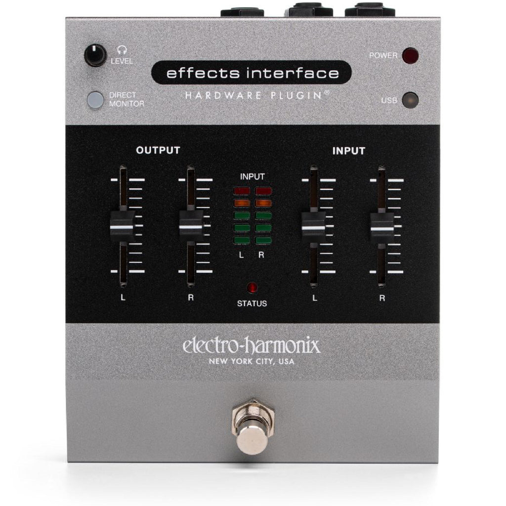 Electro-Harmonix effects interface hardware plugin with input and output faders and status LEDs.