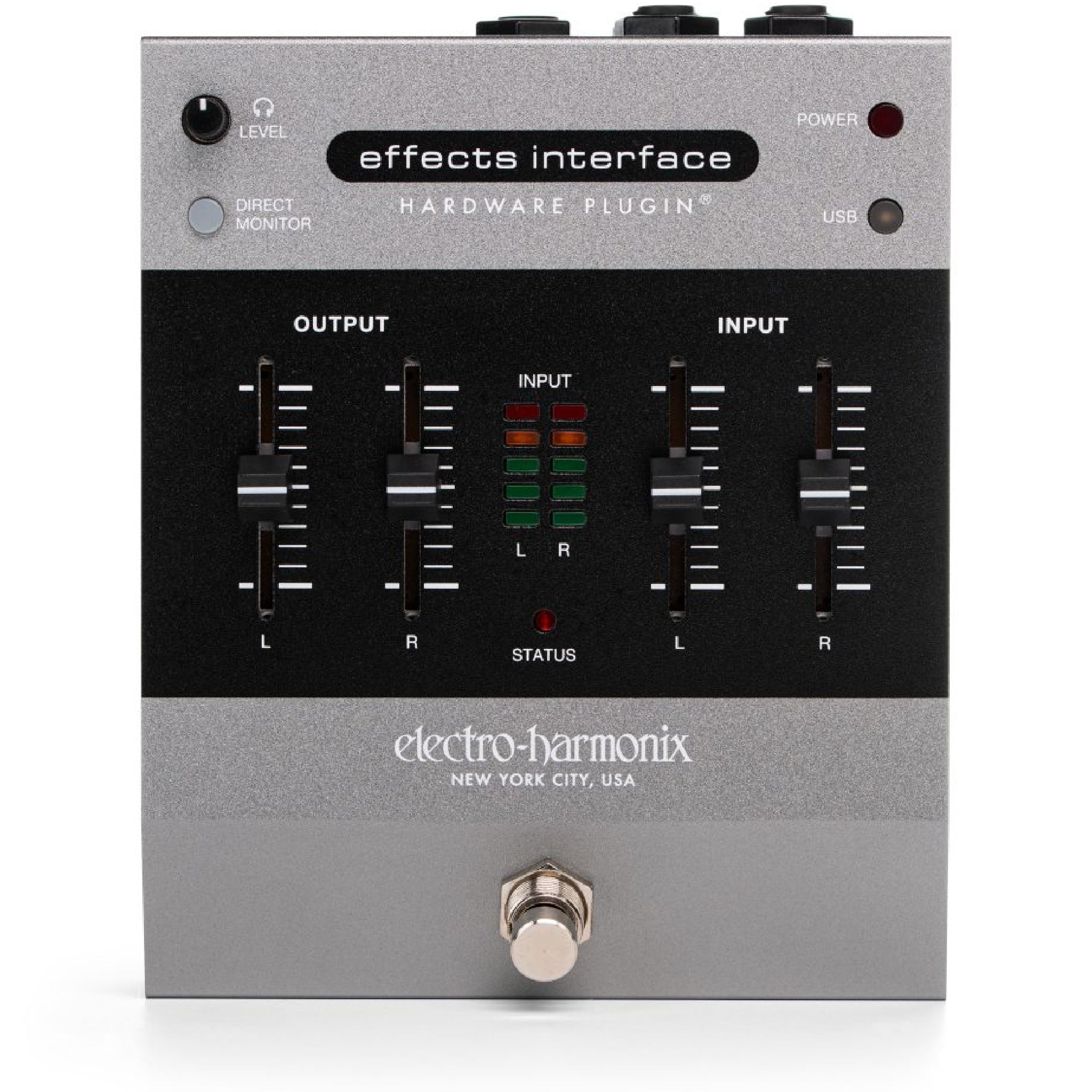 Electro-Harmonix effects interface hardware plugin with input and output faders and status LEDs.