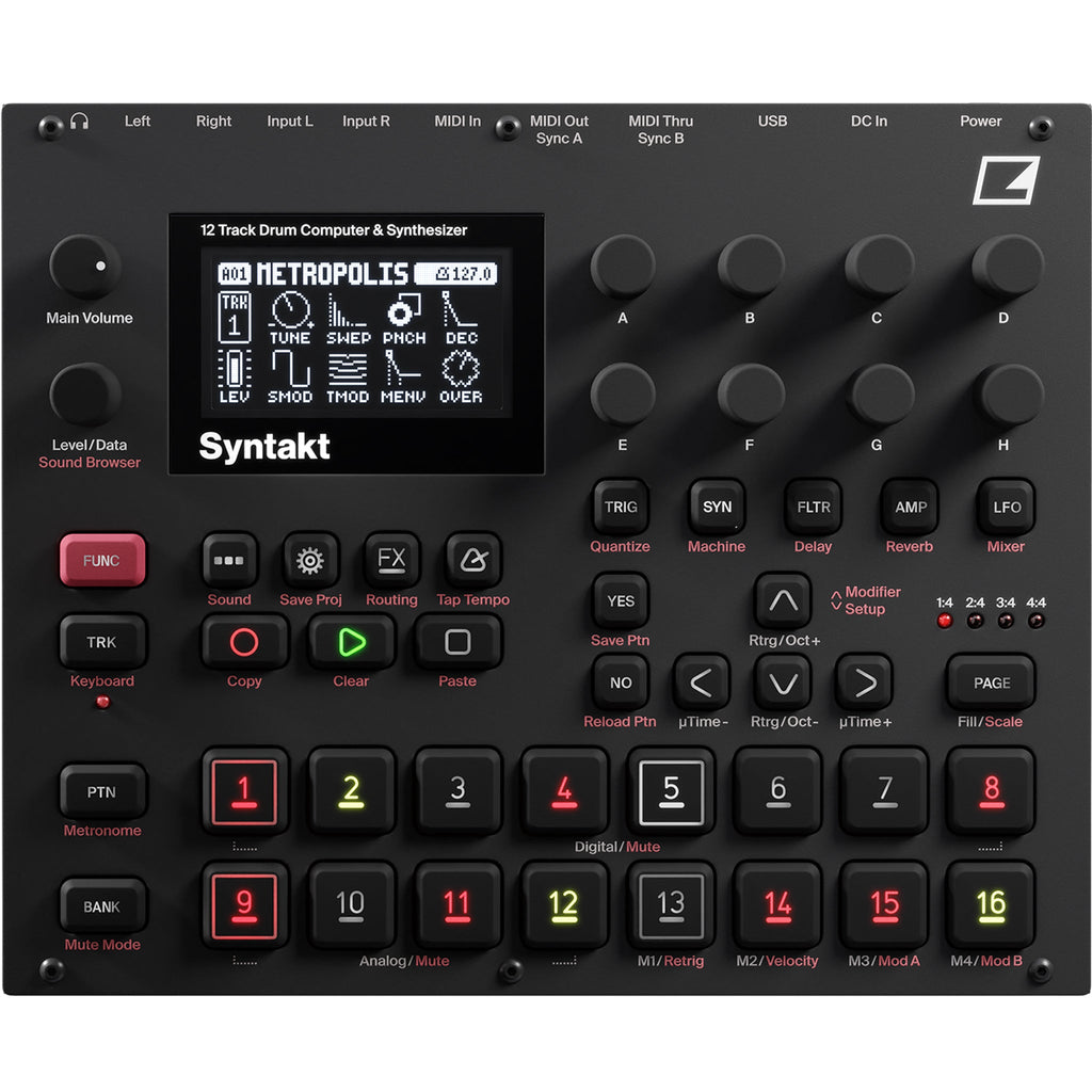 Top view of a black drum machine and synthesizer with knobs, buttons, pads, and a screen displaying sound settings.