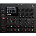 Top view of a black drum machine and synthesizer with knobs, buttons, pads, and a screen displaying sound settings.