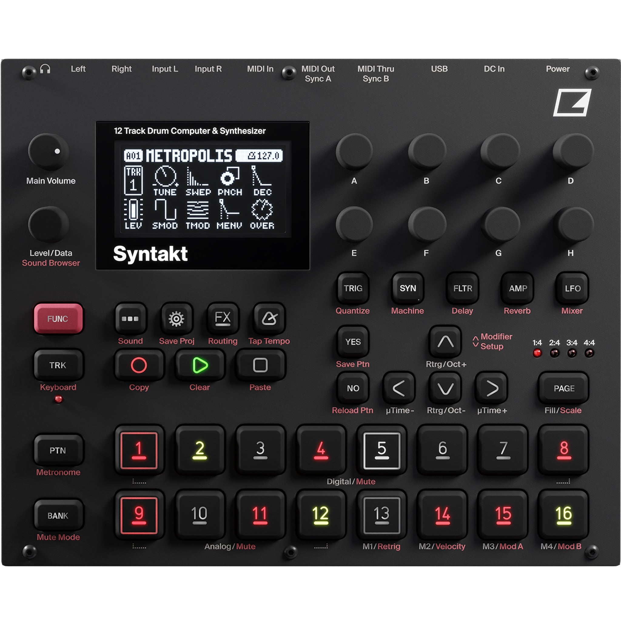 Top view of a black drum machine and synthesizer with knobs, buttons, pads, and a screen displaying sound settings.