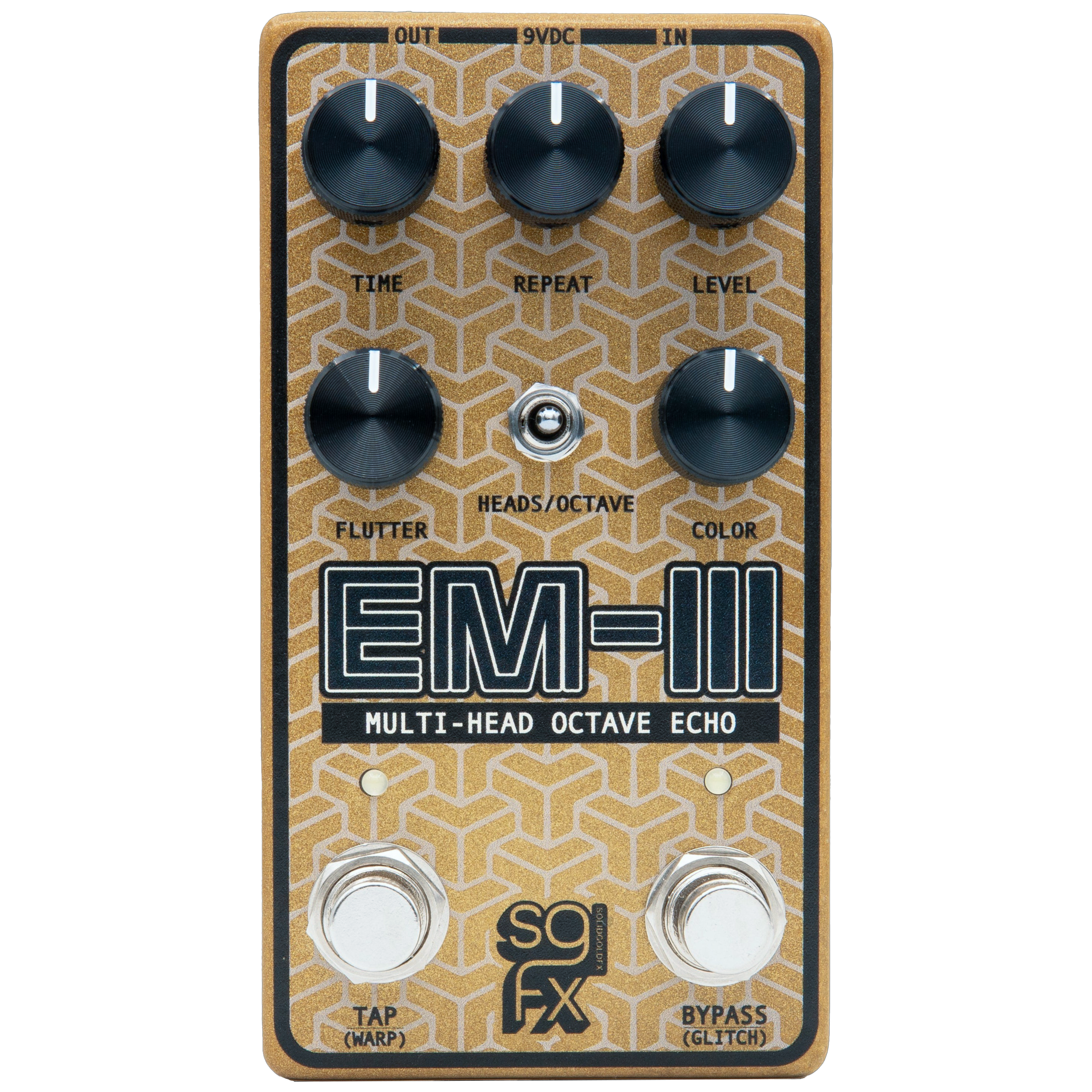 Gold guitar effects pedal with six knobs, a toggle switch, two footswitches, and input/output jacks.