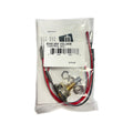 Volume control potentiometer with red and black wires and mounting hardware in clear plastic packaging.