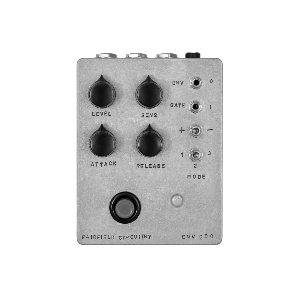 Gray metal audio pedal with four black knobs, two toggle switches, two 1/4 inch jacks, and one push button labeled Fairfield Circuitry ENV 000.