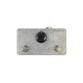 Silver rectangular metal pedal with two footswitches, one central knob, and one 1/4 inch jack on top.