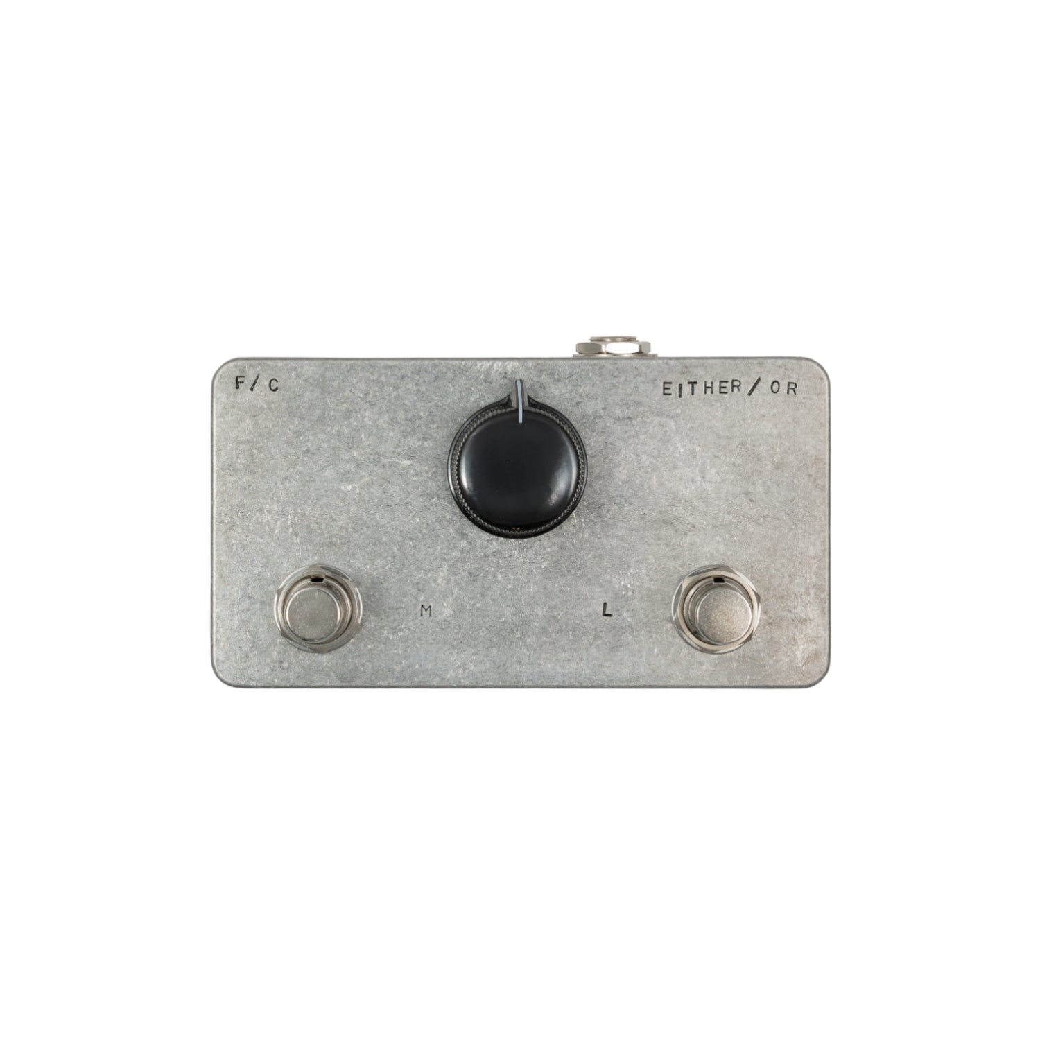 Silver rectangular metal pedal with two footswitches, one central knob, and one 1/4 inch jack on top.