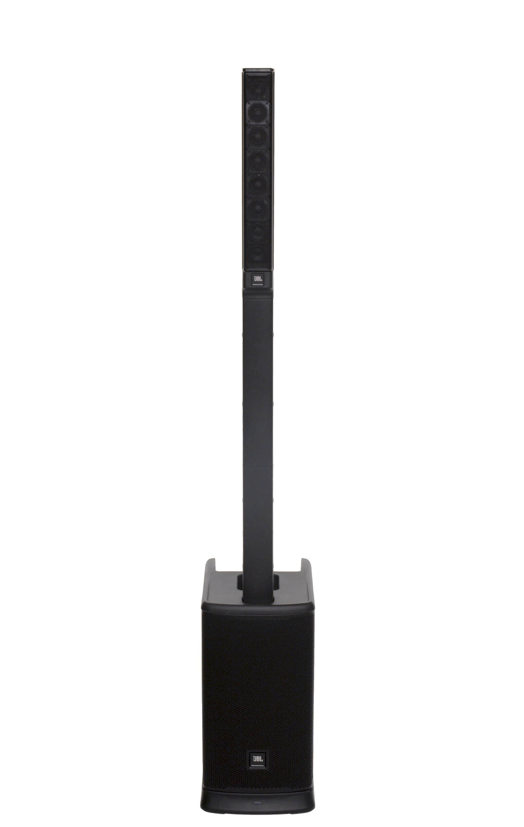 Black vertical column speaker mounted on a base speaker unit with JBL branding visible.