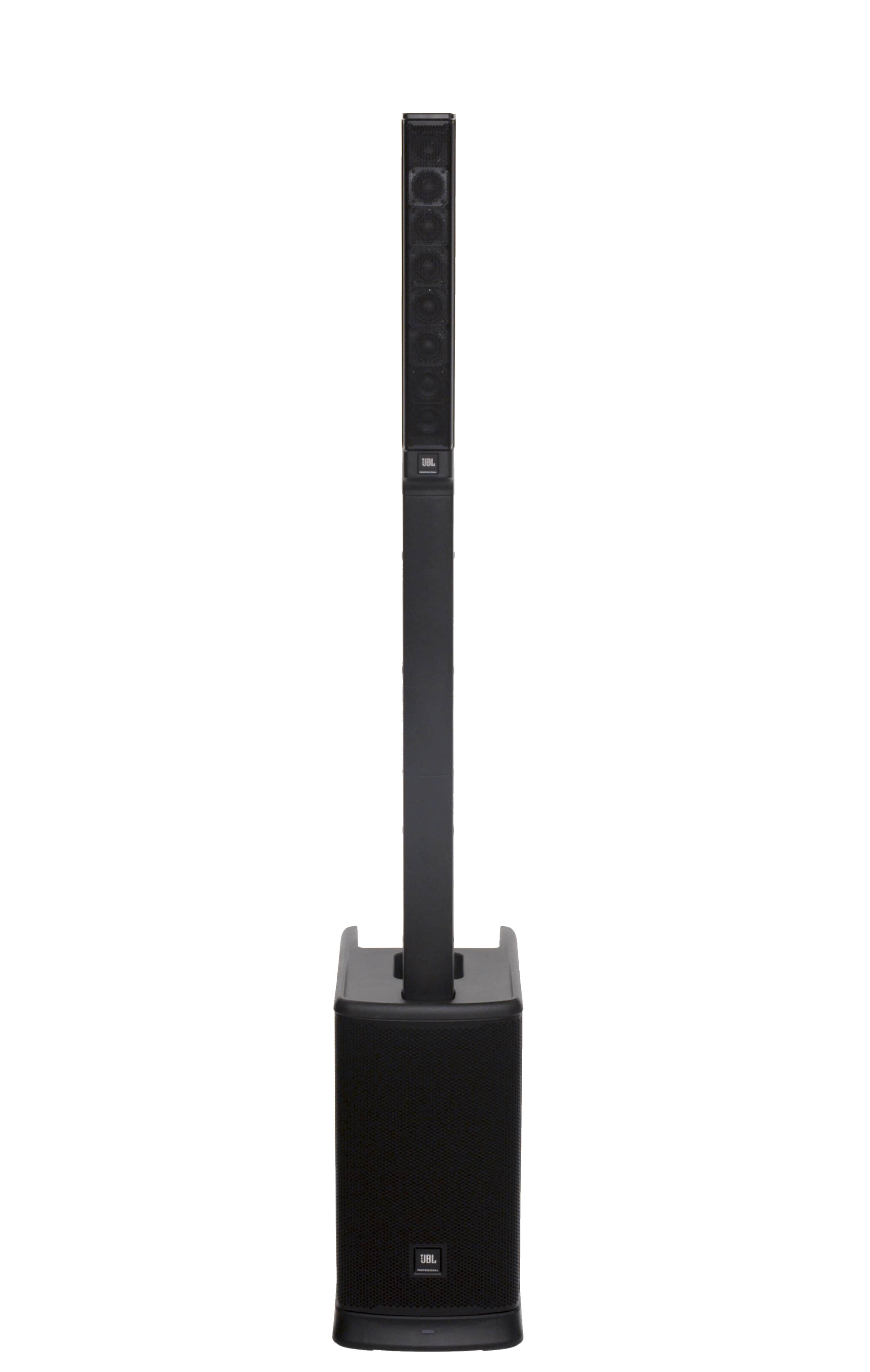 Black vertical column speaker mounted on a base speaker unit with JBL branding visible.