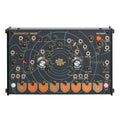 Black audio module with multiple knobs, jack sockets, and labeled controls for sound modulation.