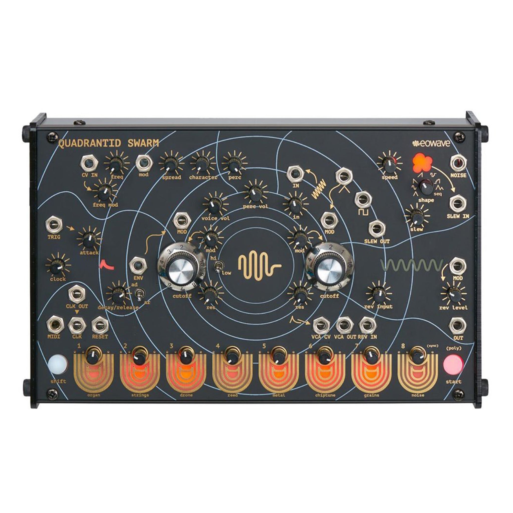 Black audio module with multiple knobs, jack sockets, and labeled controls for sound modulation.