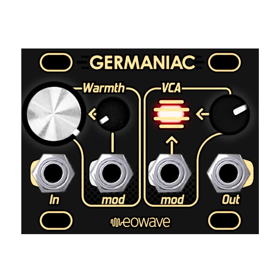 Black module panel with controls labeled Warmth and VCA, four jacks, and eowave branding.