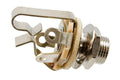 Metal 1/4 inch mono audio jack socket with mounting nut and dual contact terminals.