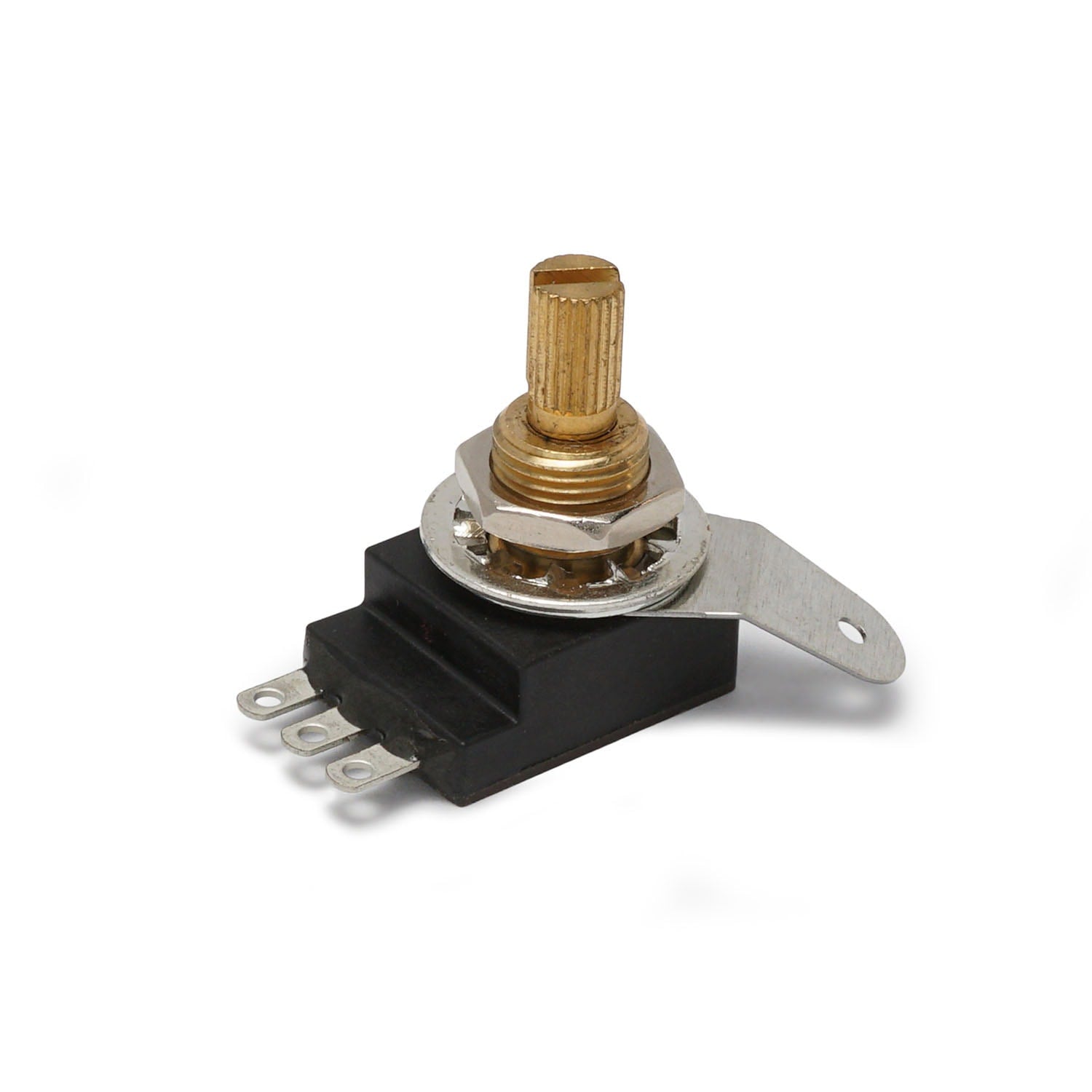 Single rotary potentiometer with black base, gold split shaft, and three solder lug terminals on a white background.