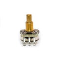 Front view of a small metal potentiometer with a short solid rotary shaft and three solder lugs.