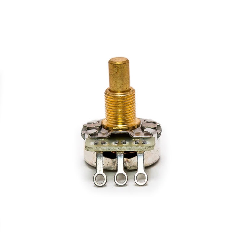 Front view of a small metal potentiometer with a short solid rotary shaft and three solder lugs.