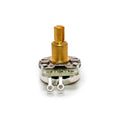 Single rotary potentiometer with a gold split shaft and two solder terminals on a white background.