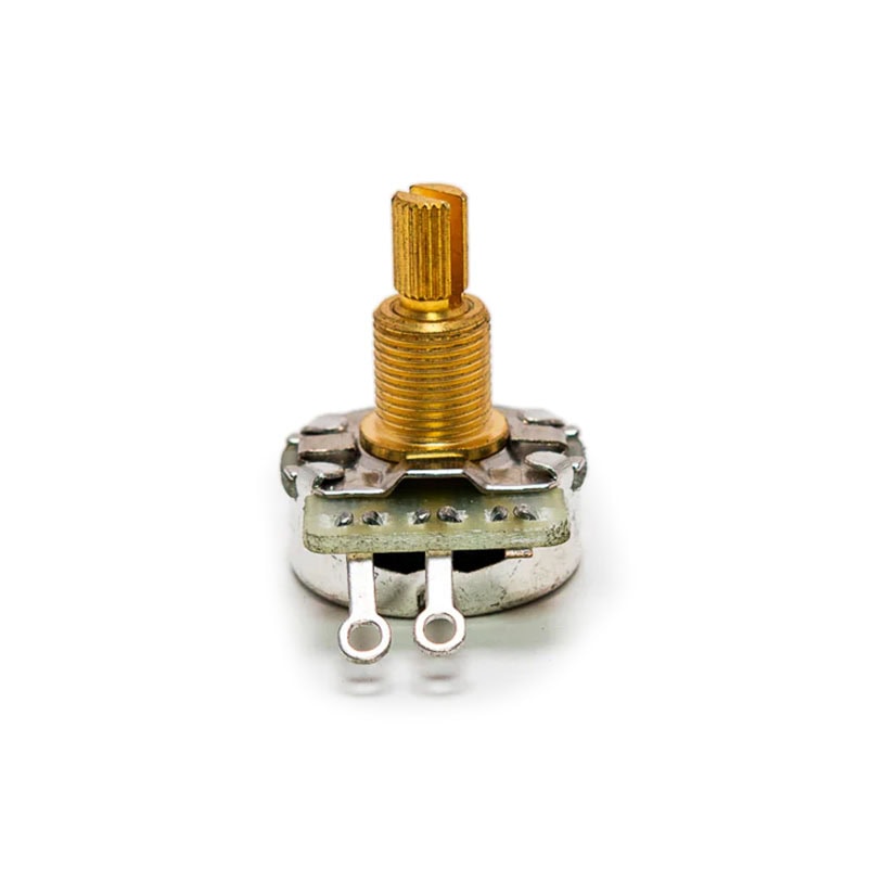 Single rotary potentiometer with a gold split shaft and two solder terminals on a white background.