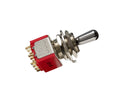 A metal and red plastic 4PDT toggle switch with multi-pin terminals and threaded mounting hardware.