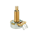 Close-up of a metallic potentiometer with a long split shaft and three solder lug connectors.
