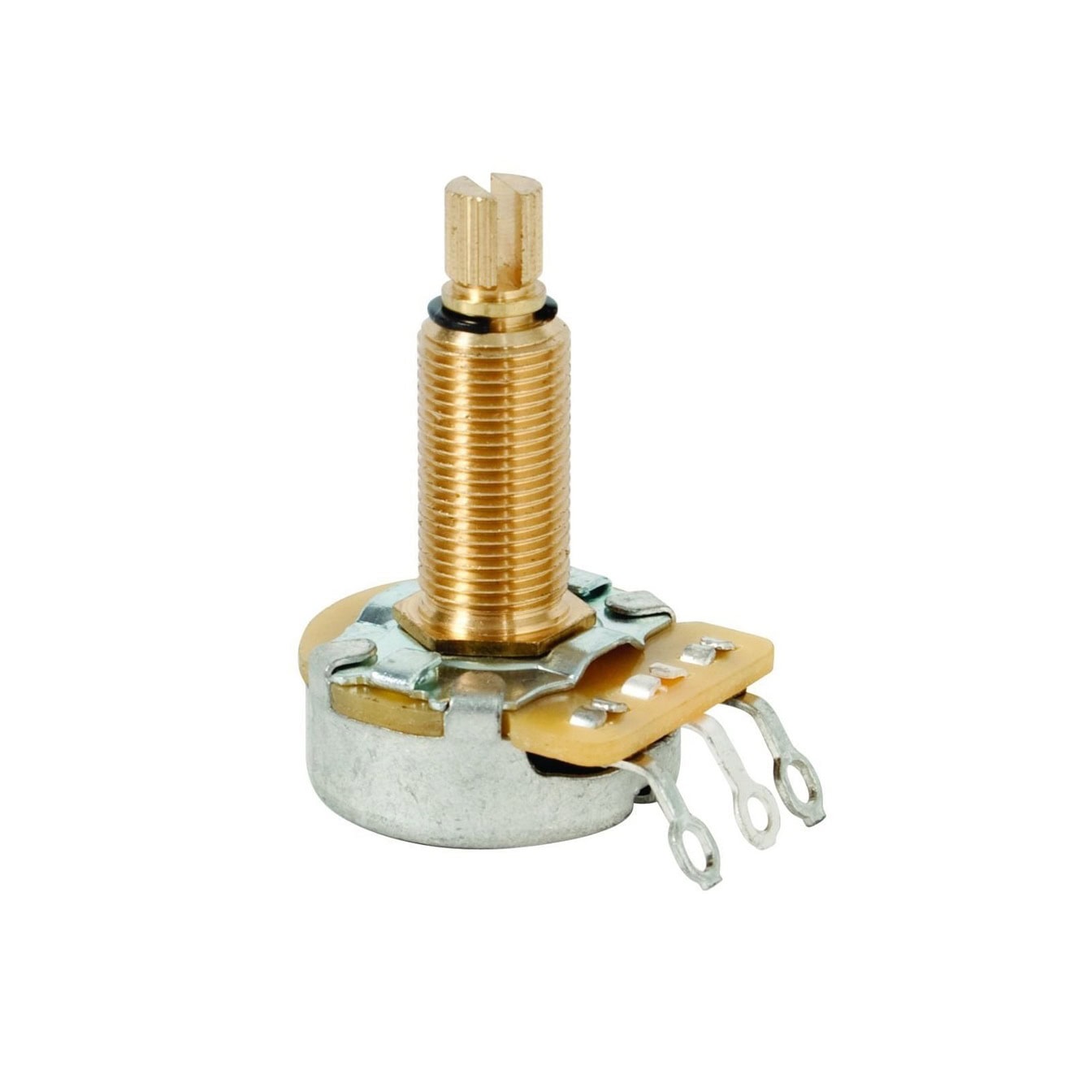 Close-up of a metallic potentiometer with a long split shaft and three solder lug connectors.