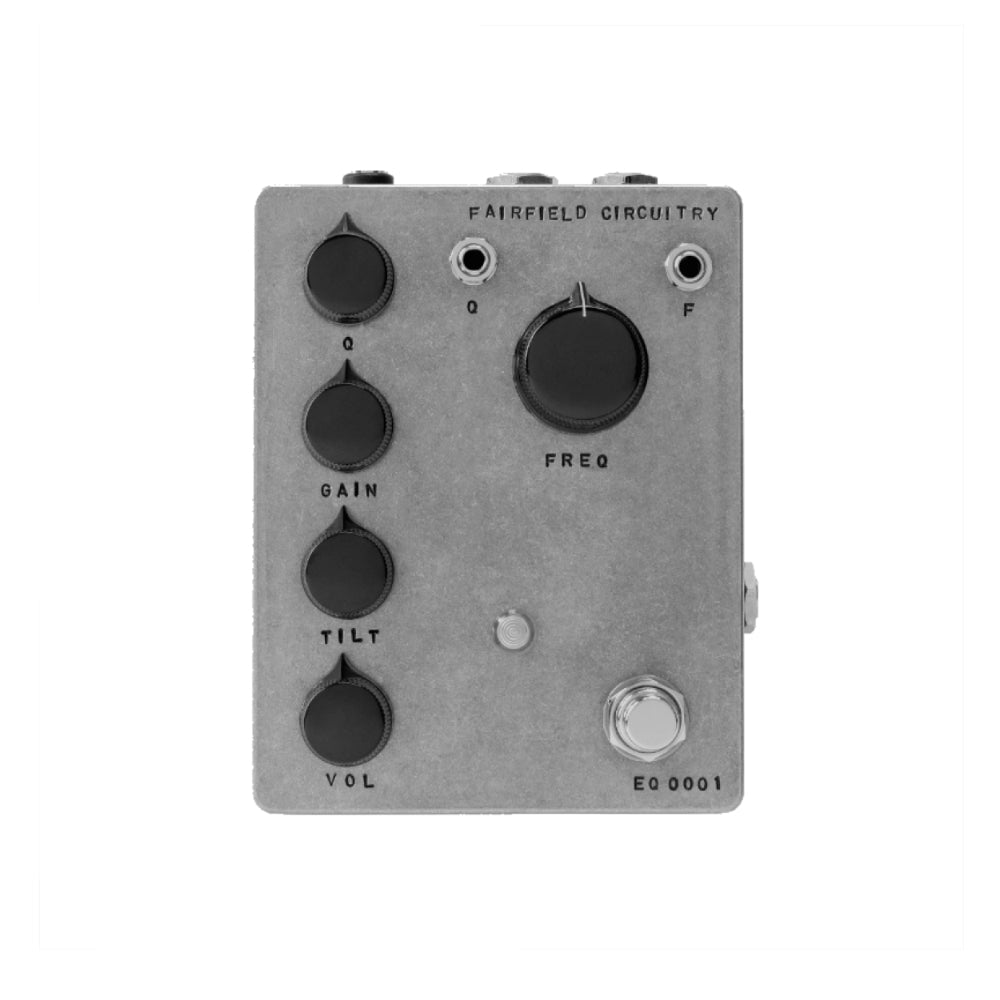 Gray rectangular device with six black rotary knobs, two 1/4 inch jacks, and a footswitch labeled Fairfield Circuitry.