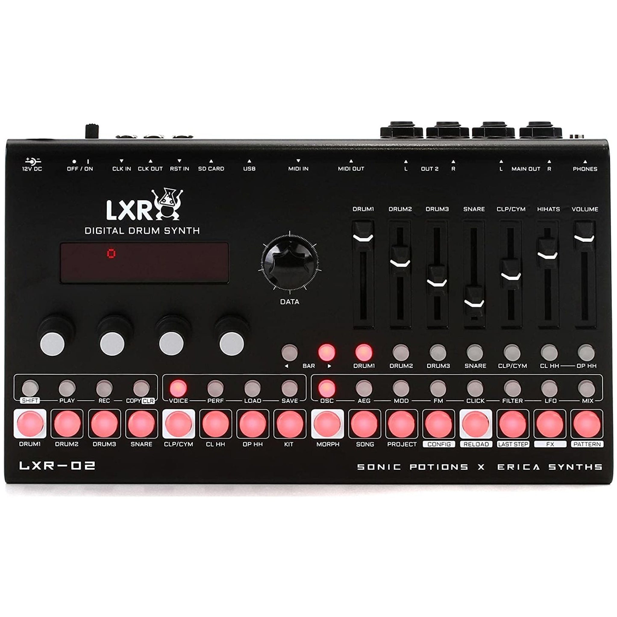 Black digital drum synthesizer with multiple faders, buttons, rotary knobs, and connectors on top panel.