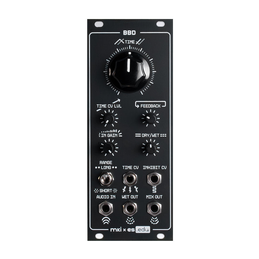 Front view of a black Eurorack module with multiple knobs, a toggle switch, and six 3.5mm jacks.