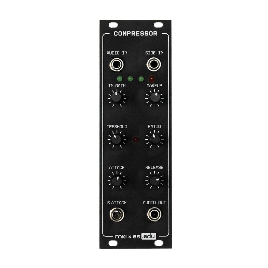 Black Eurorack module with knobs, jacks, and switch labeled as a compressor audio device.