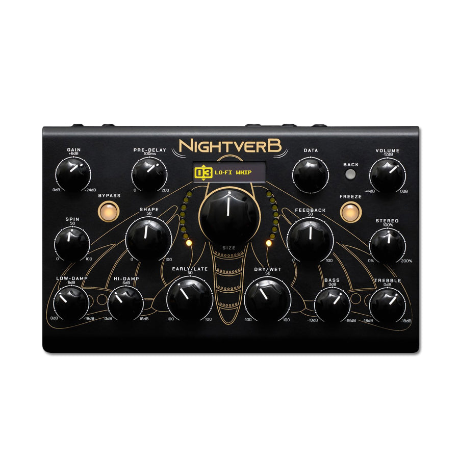 Black Erica Synths NightVerb device with multiple knobs, buttons, and a small screen showing Lo-Fi Whip preset.