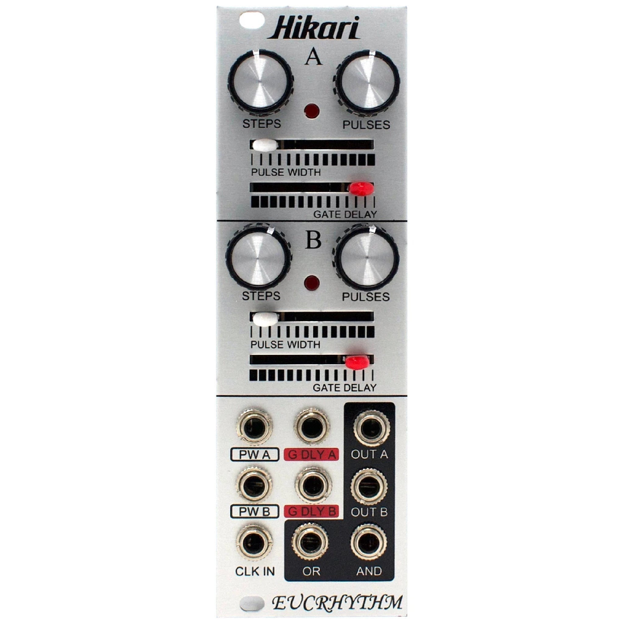 Front view of a silver Hikari Eucrhythm module with knobs, sliders, and jack connectors labeled for sequencing control.