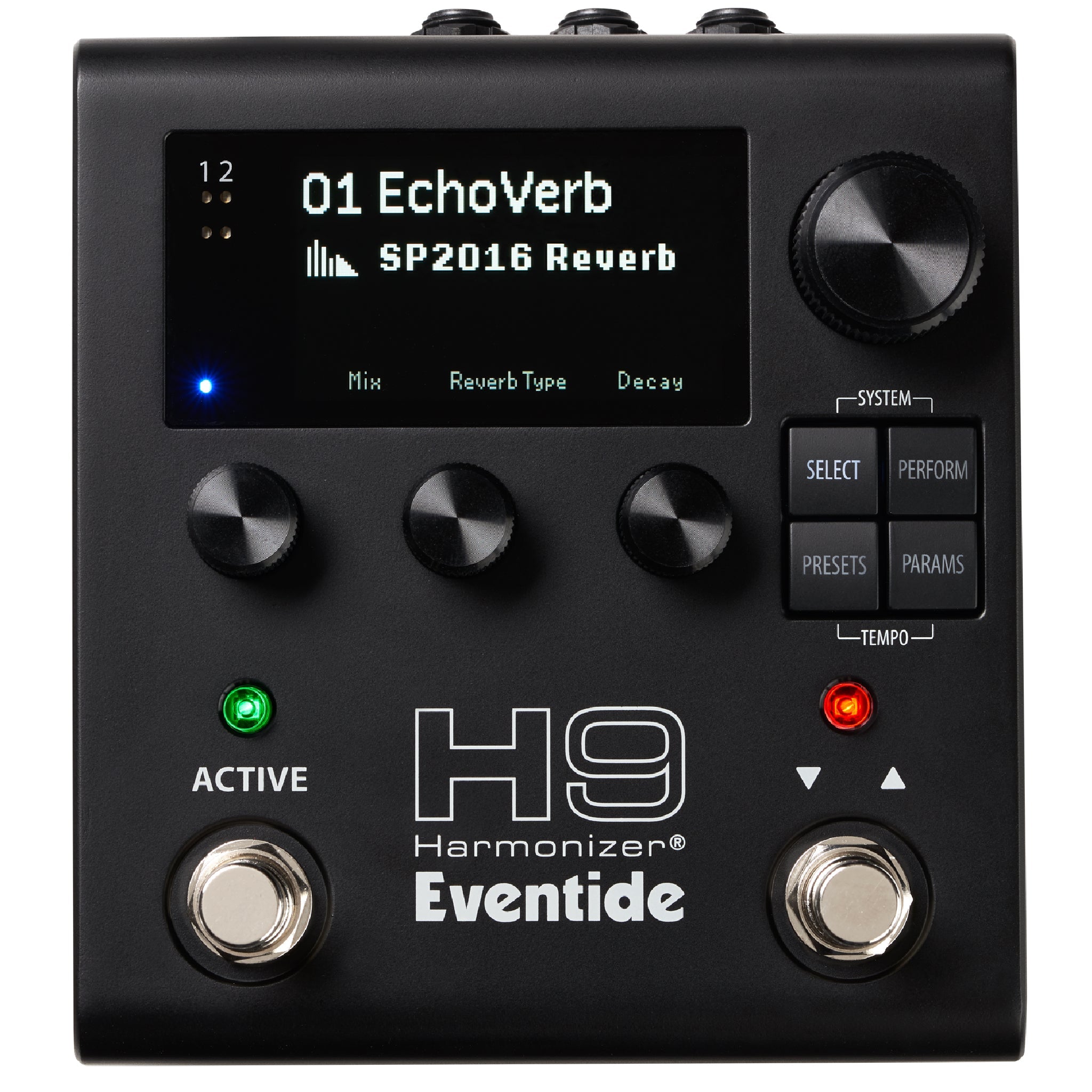 Black Eventide H9 Harmonizer pedal with display screen, knobs, buttons, and footswitches.