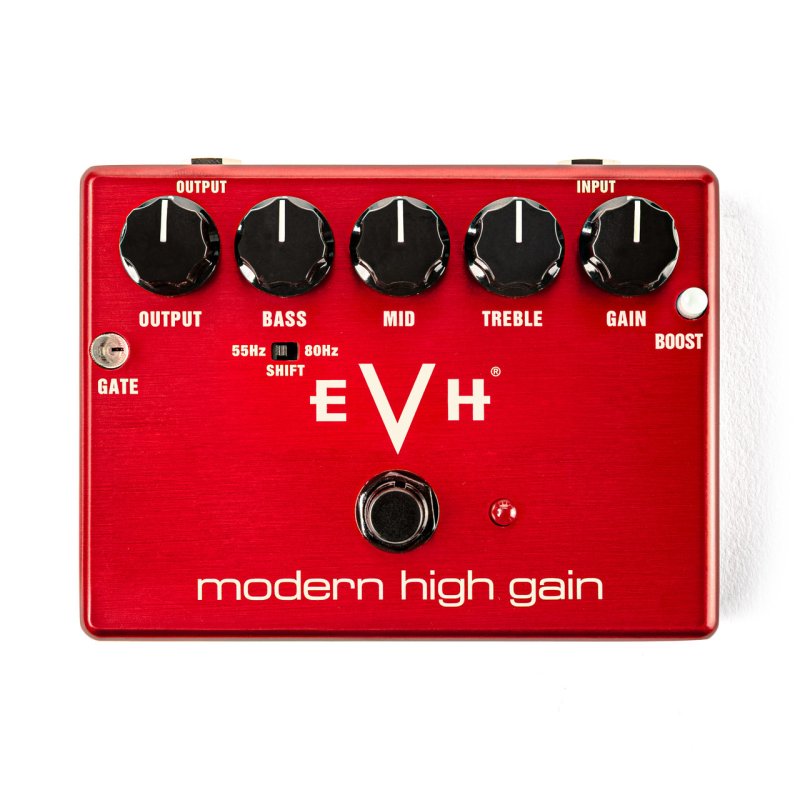 Red guitar effects pedal with five black knobs, toggle switch, footswitch, and EVH branding.
