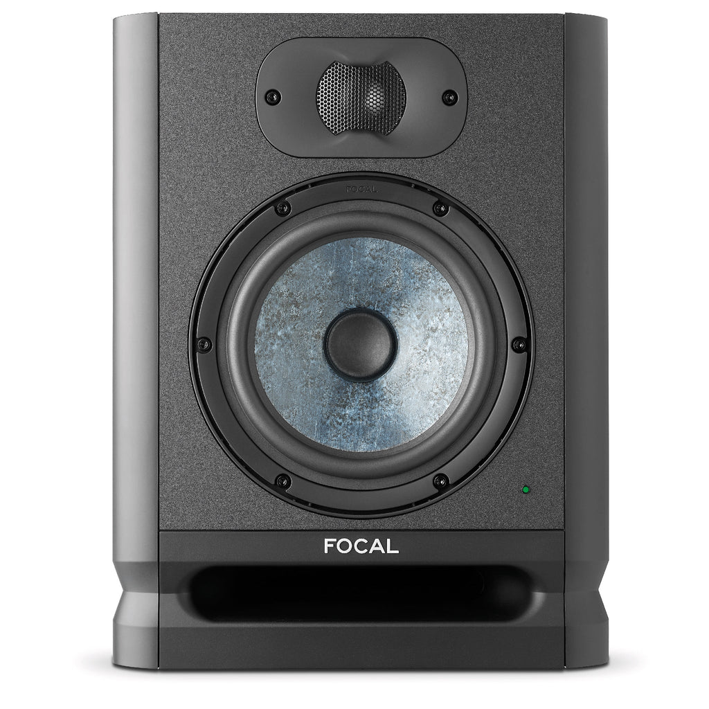 Front view of a black studio monitor speaker with a blue driver and Focal branding.