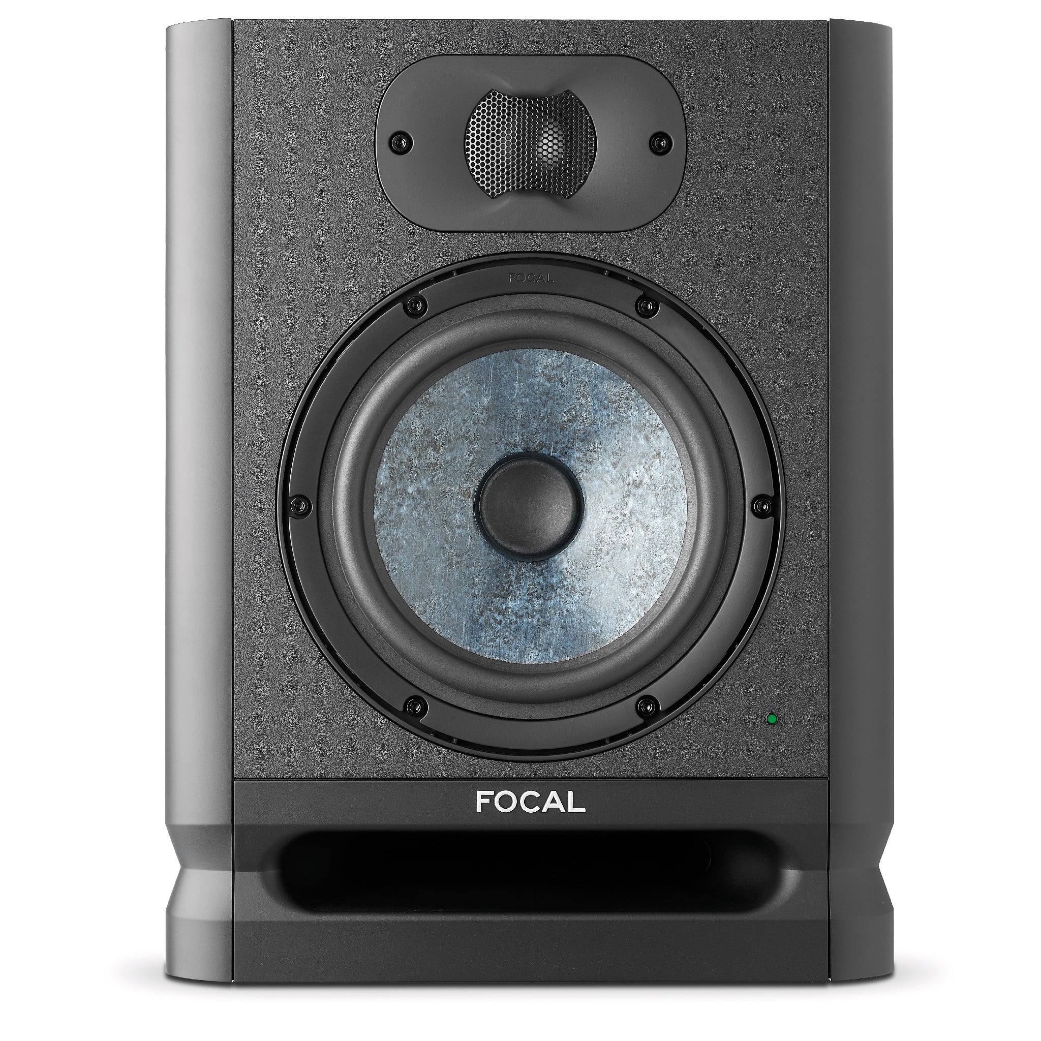 Front view of a black studio monitor speaker with a blue driver and Focal branding.