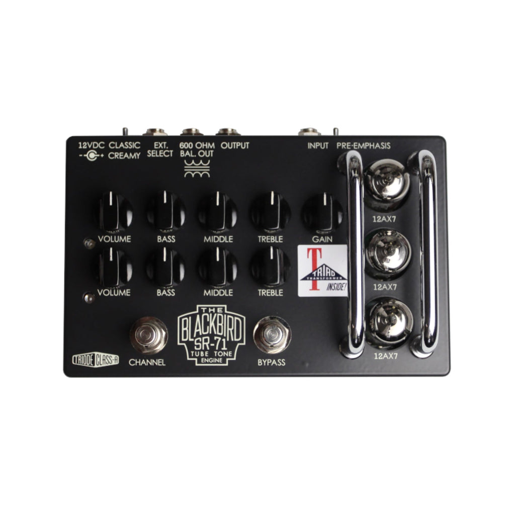 Black guitar preamp pedal with multiple knobs, footswitches, three visible 12AX7 tubes, and various input/output jacks.
