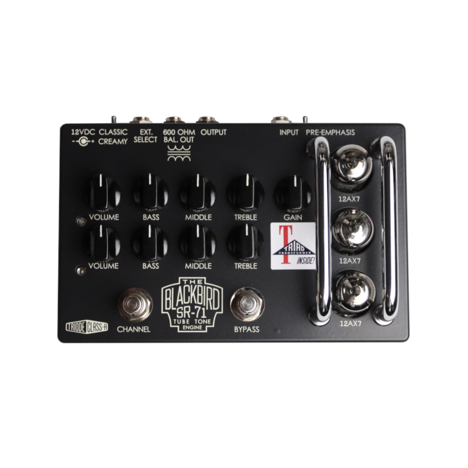 Black guitar preamp pedal with multiple knobs, footswitches, three visible 12AX7 tubes, and various input/output jacks.