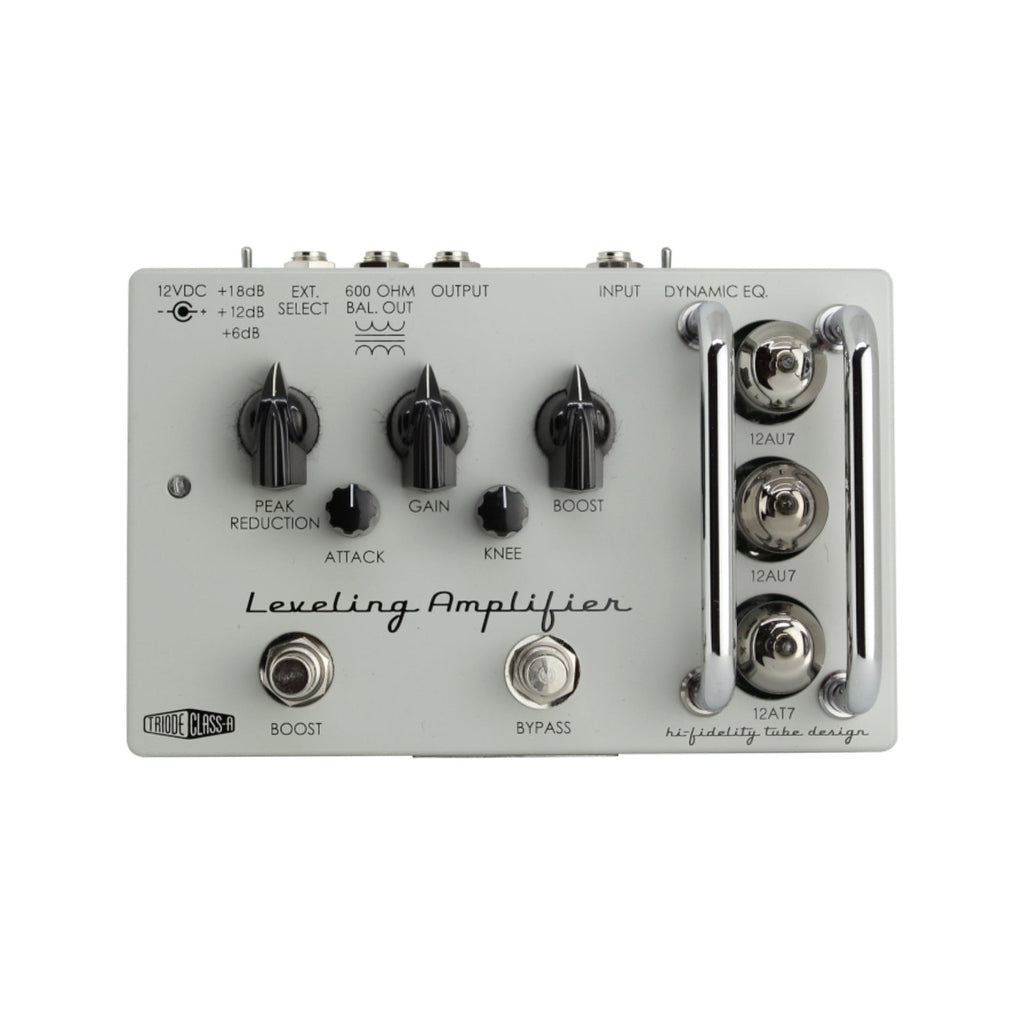 Gray pedal with knobs, tubes, jacks, and footswitches labeled Leveling Amplifier Compressor