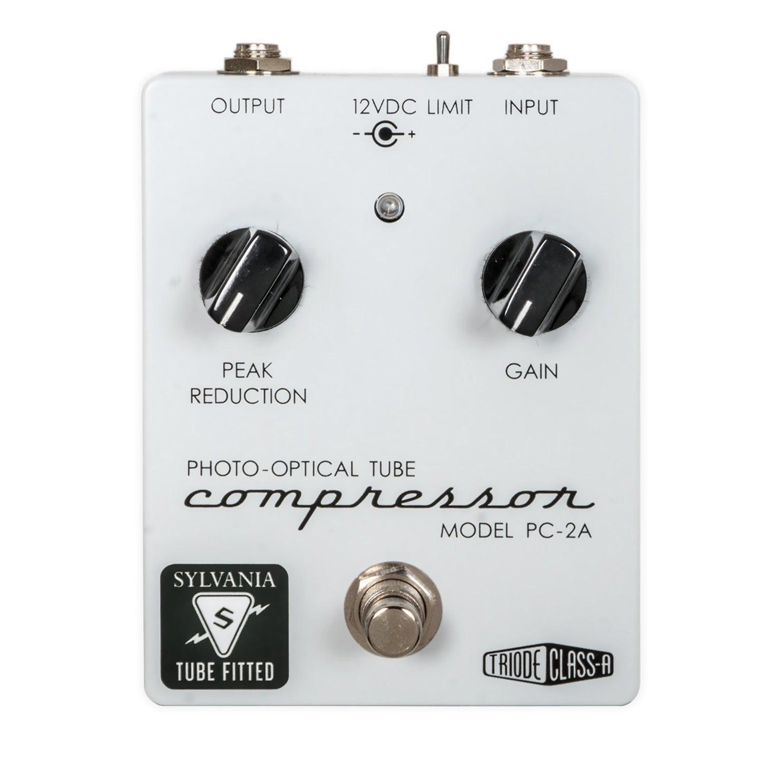 White pedal with two black knobs labeled Peak Reduction and Gain, one toggle switch, footswitch, and input/output jacks.