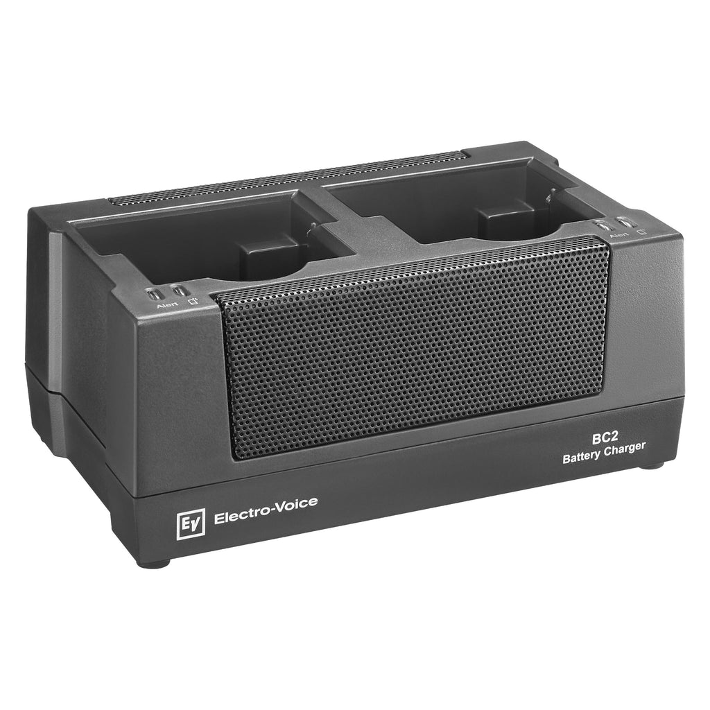 Black Electro-Voice BC2 two-slot battery charger with indicator lights.