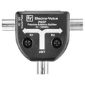 Black Electro-Voice passive antenna splitter with three coaxial connectors and two screws on top side.
