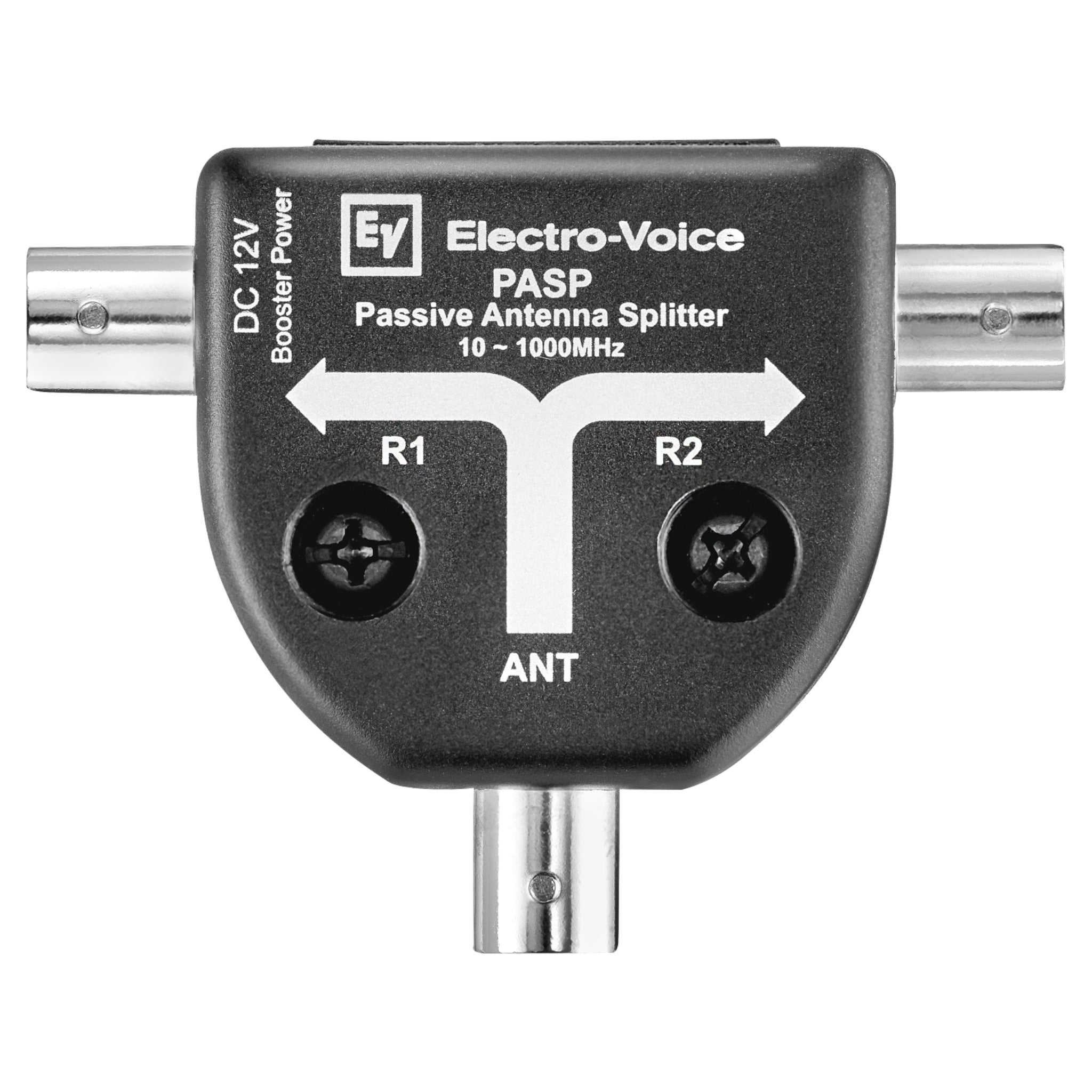 Black Electro-Voice passive antenna splitter with three coaxial connectors and two screws on top side.