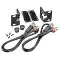 Two metal brackets, rectangular plates, cables with connectors, plastic caps, and screws on a white background.