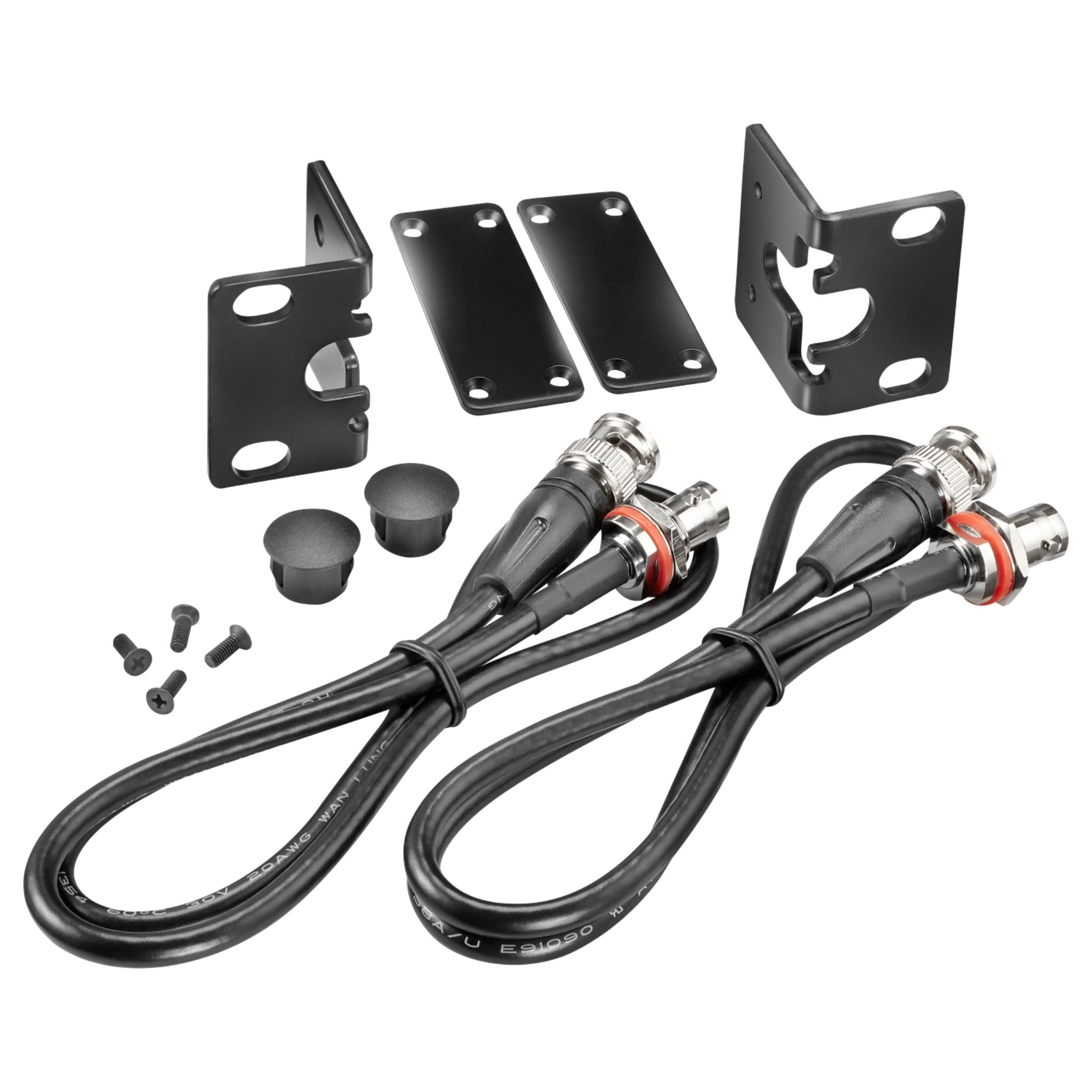 Two metal brackets, rectangular plates, cables with connectors, plastic caps, and screws on a white background.