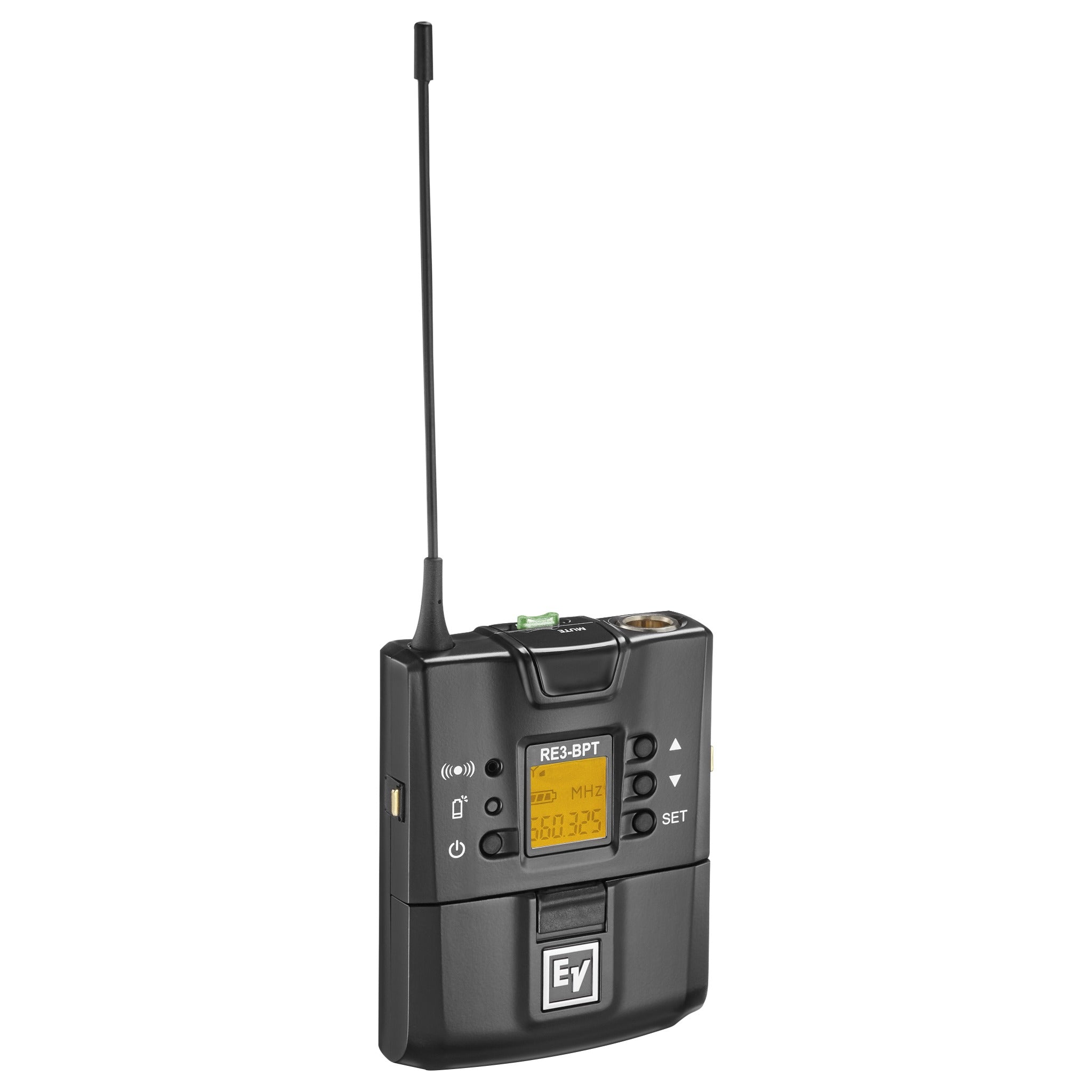 Black bodypack transmitter with antenna, buttons, display screen showing frequency, and EV logo.